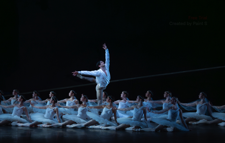 Giorgi Potskishvili stands in attide among the Shades in Act II of Dutch National Ballet La Bayadère