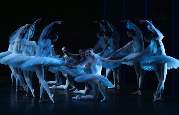 In a scene from the Kingdom of The Shades the three soloists kneel amid the corps de ballet in Dutch National Ballet La Bayadère