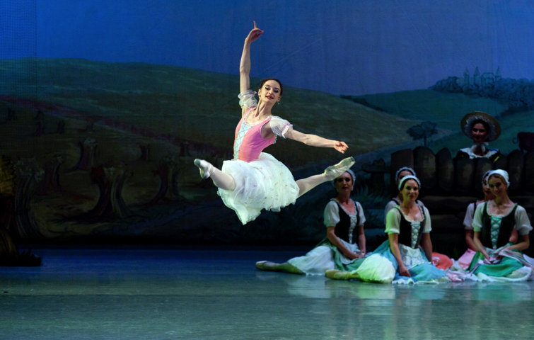 National Ballet of Ukraine dancer performs a grand jeté in La Fille Mal Gardée