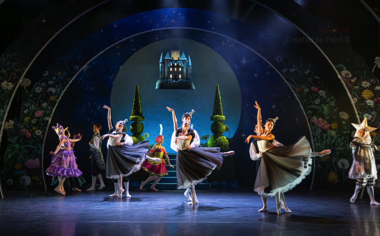 Three couples dance at the palace ball in a scene from Act II of My First Ballet: Cinderella