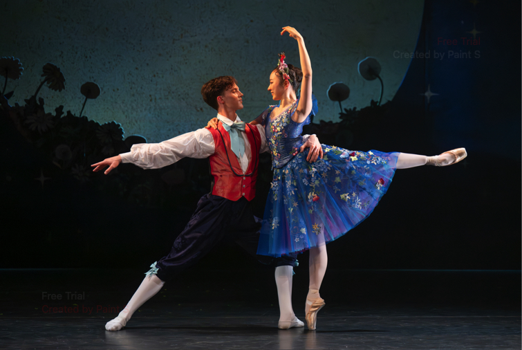 At the palace ball the prince supports Cinderella as they dance in the palace gardens